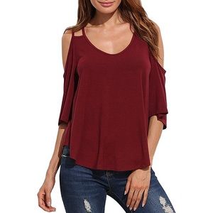 Burgundy cold shoulder flowy top
